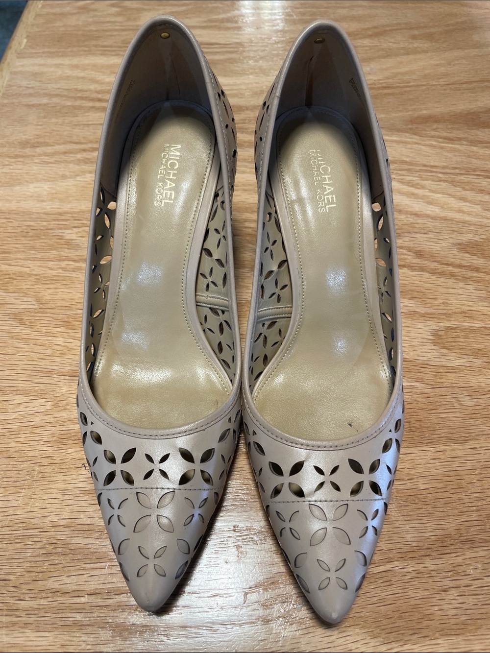 MICHAEL Michael Kors Taupe Laser-Cut Pointed-Toe Pumps